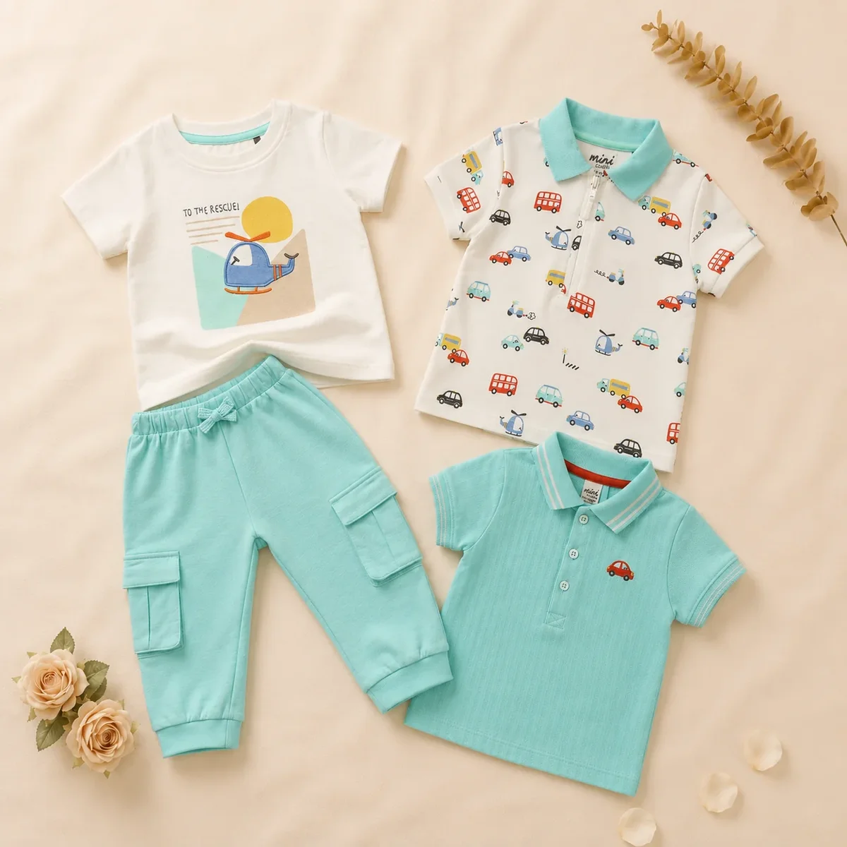 Baby Boys Polo Outfit Bundle with Graphic Co-ord Set - Multicolour thumbnail 1