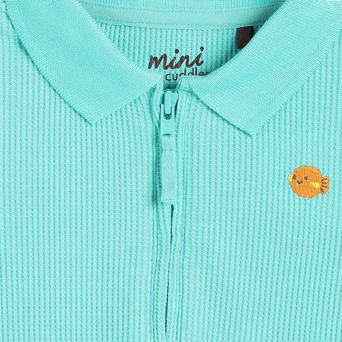 Baby Boys Polo T-Shirt with Fish Embroidery, Aqua thumbnail 3