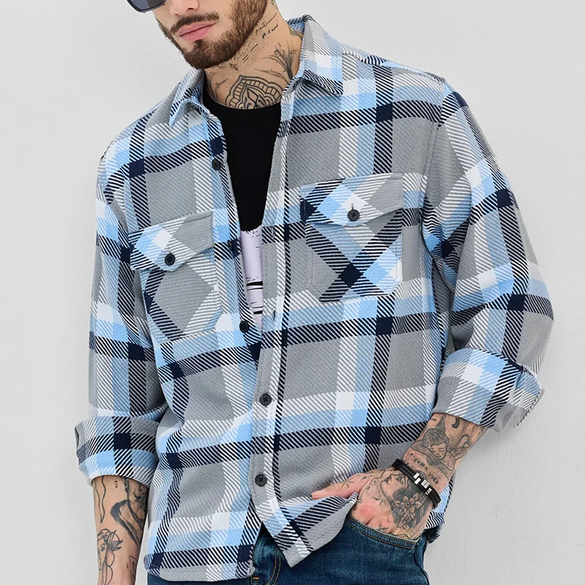 Light Grey Flannel Checks Double Pocket Overshirt