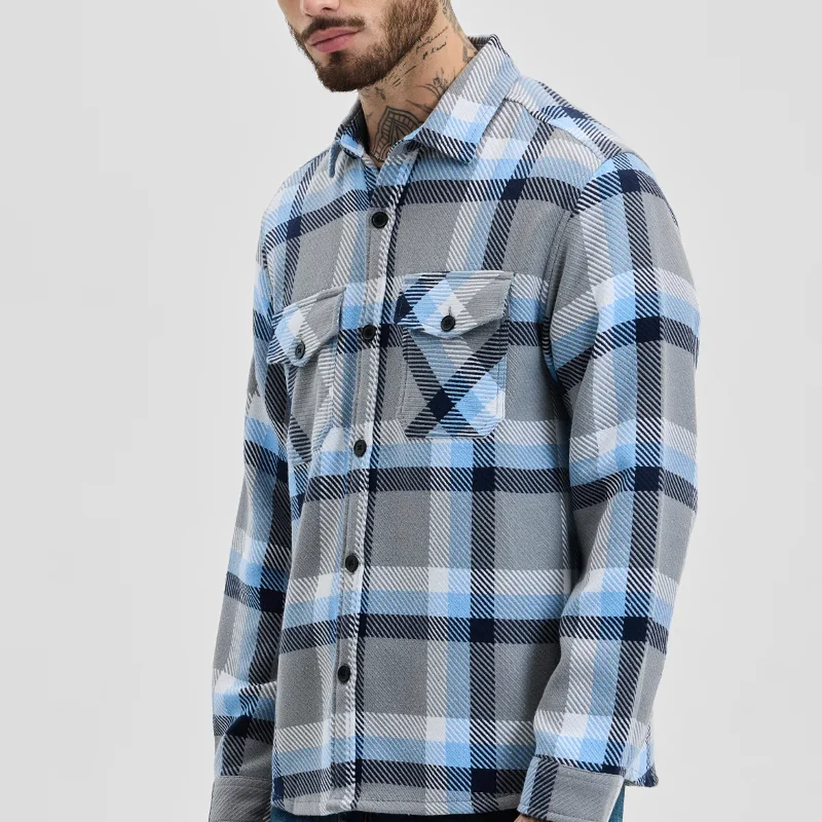 Light Grey Flannel Checks Double Pocket Overshirt thumbnail 3