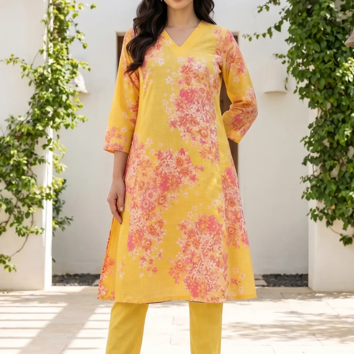 Yellow Floral Printed Pure Cotton A-line Kurta with Trousers Set