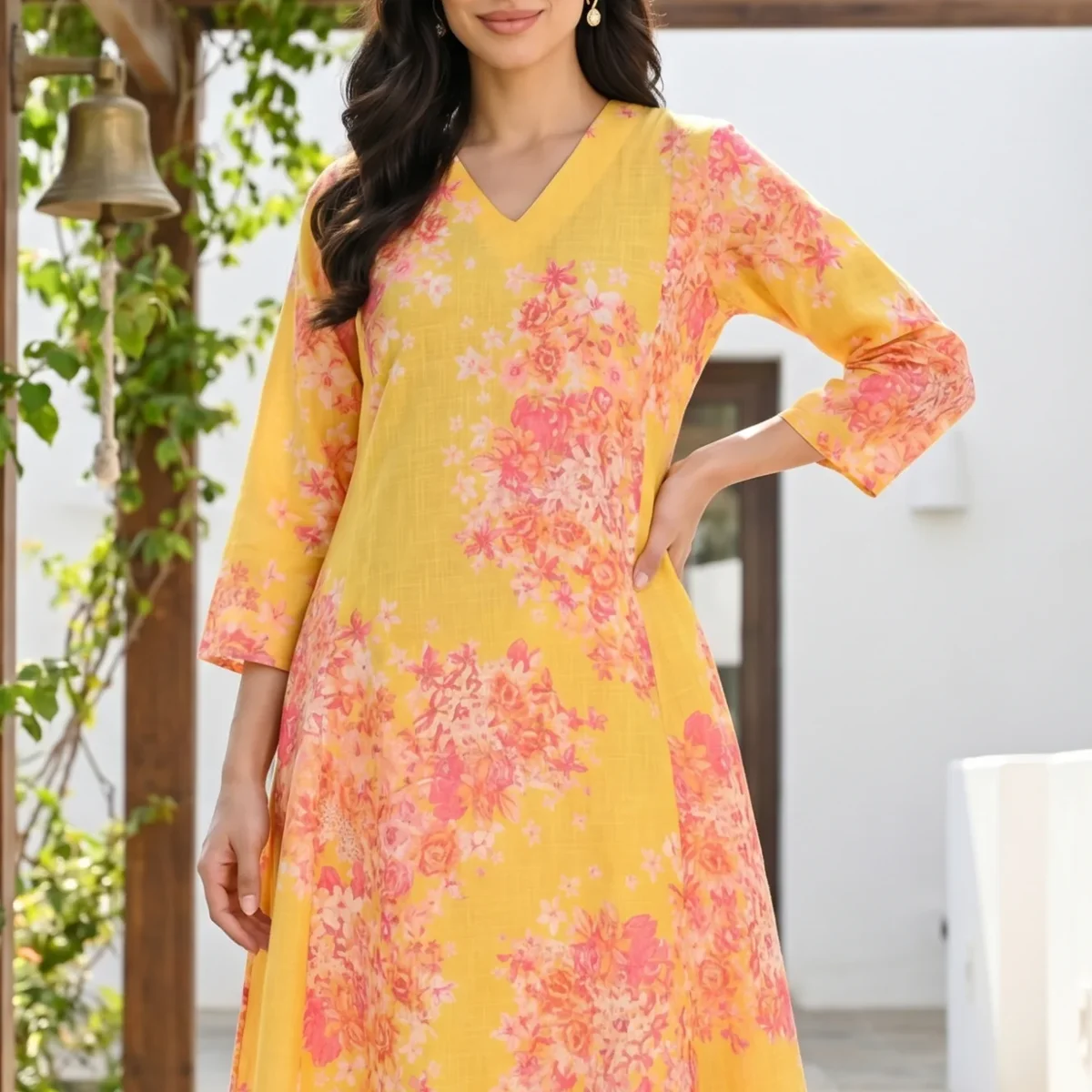 Yellow Floral Printed Pure Cotton A-line Kurta with Trousers Set thumbnail 1