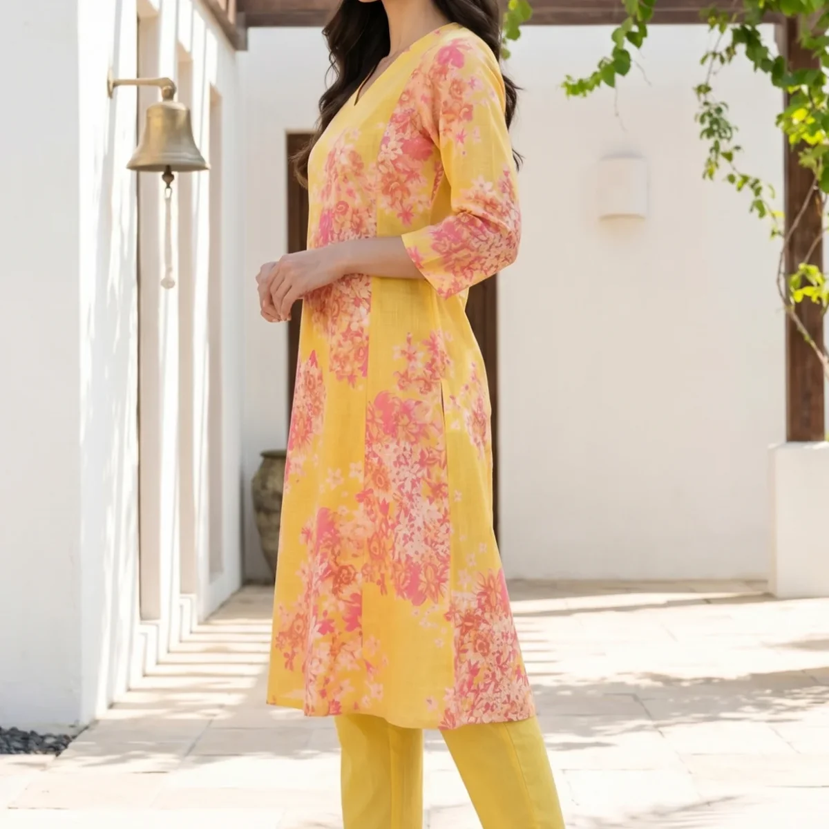 Yellow Floral Printed Pure Cotton A-line Kurta with Trousers Set thumbnail 3