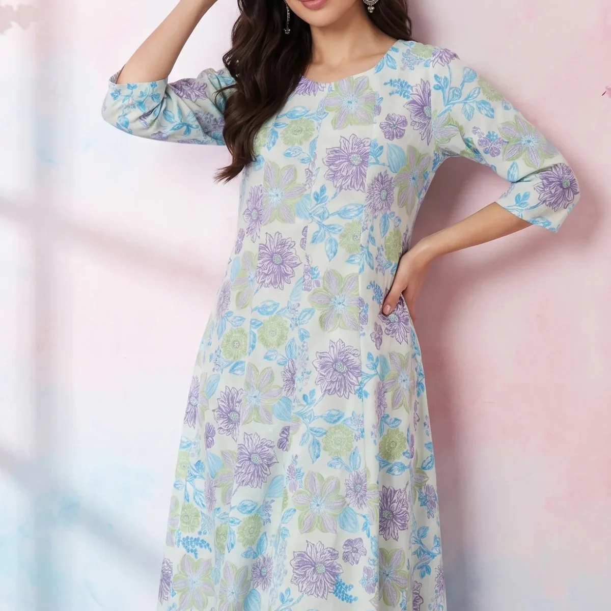 White Floral Printed Pure Cotton Flared Kurta with Trousers Set thumbnail 1