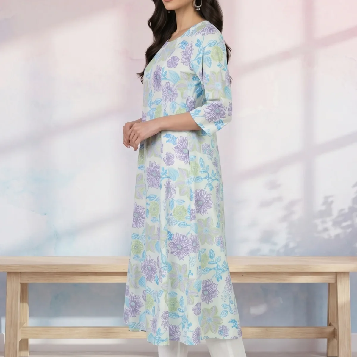 White Floral Printed Pure Cotton Flared Kurta with Trousers Set thumbnail 3