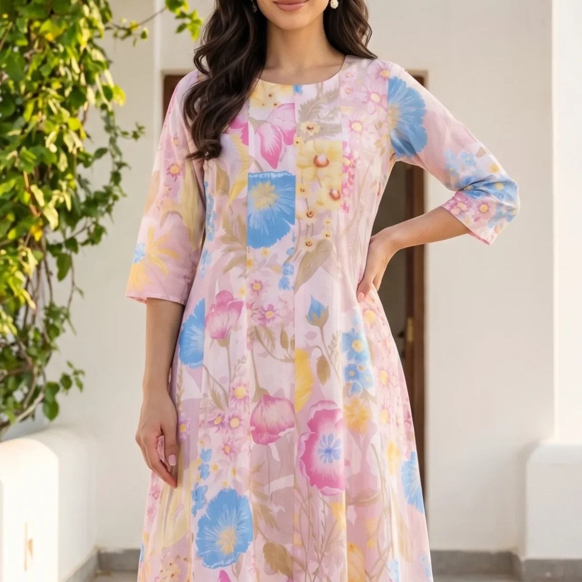 Pink Bold Floral Printed Pure Cotton A-line Kurta with Straight Pants Set thumbnail 1