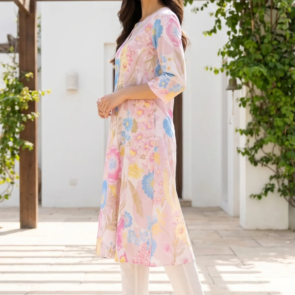 Pink Bold Floral Printed Pure Cotton A-line Kurta with Straight Pants Set thumbnail 2