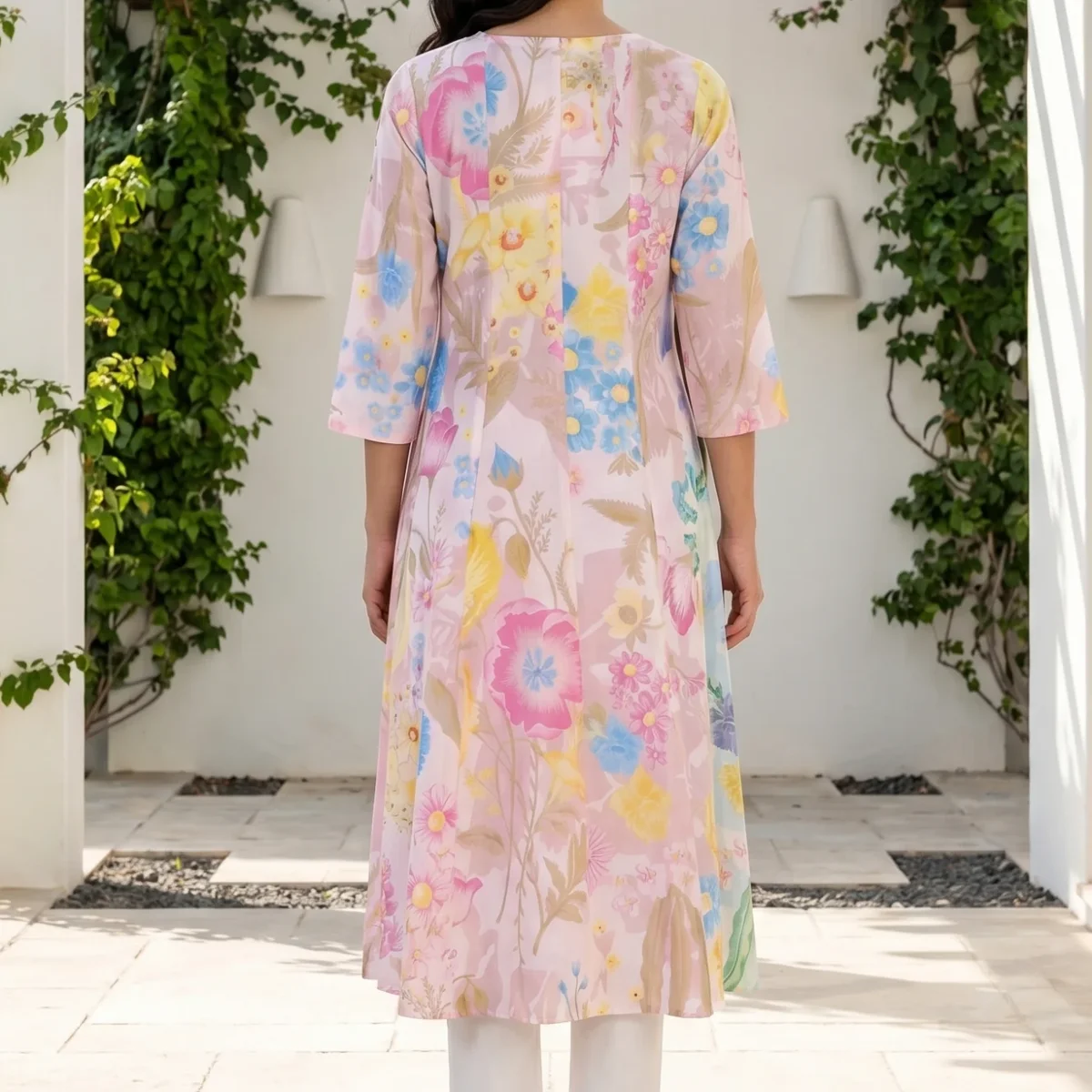 Pink Bold Floral Printed Pure Cotton A-line Kurta with Straight Pants Set thumbnail 3