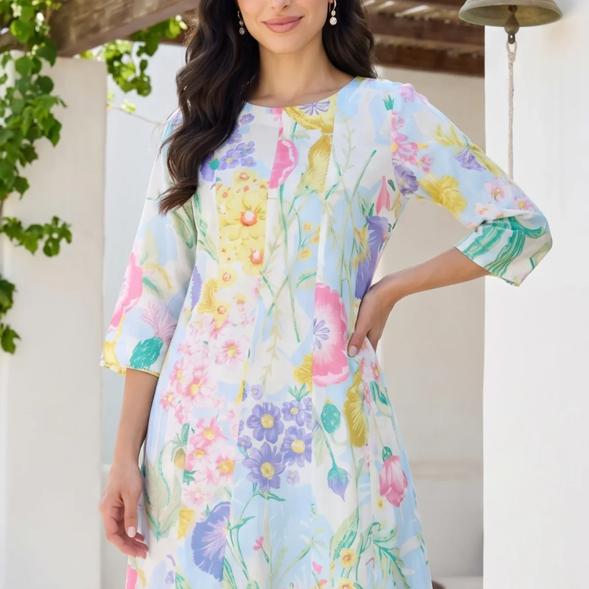 White Bold Floral Printed Pure Cotton A-line Kurta with Pants Set thumbnail 1