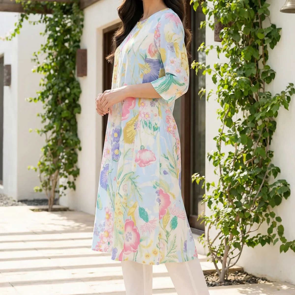 White Bold Floral Printed Pure Cotton A-line Kurta with Pants Set thumbnail 2