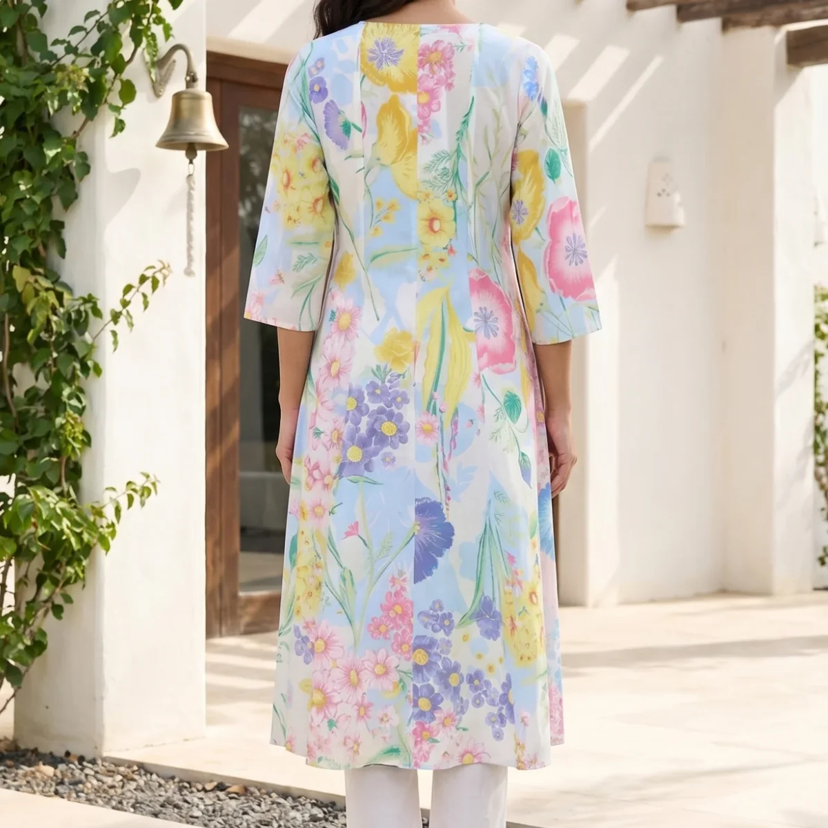 White Bold Floral Printed Pure Cotton A-line Kurta with Pants Set thumbnail 3