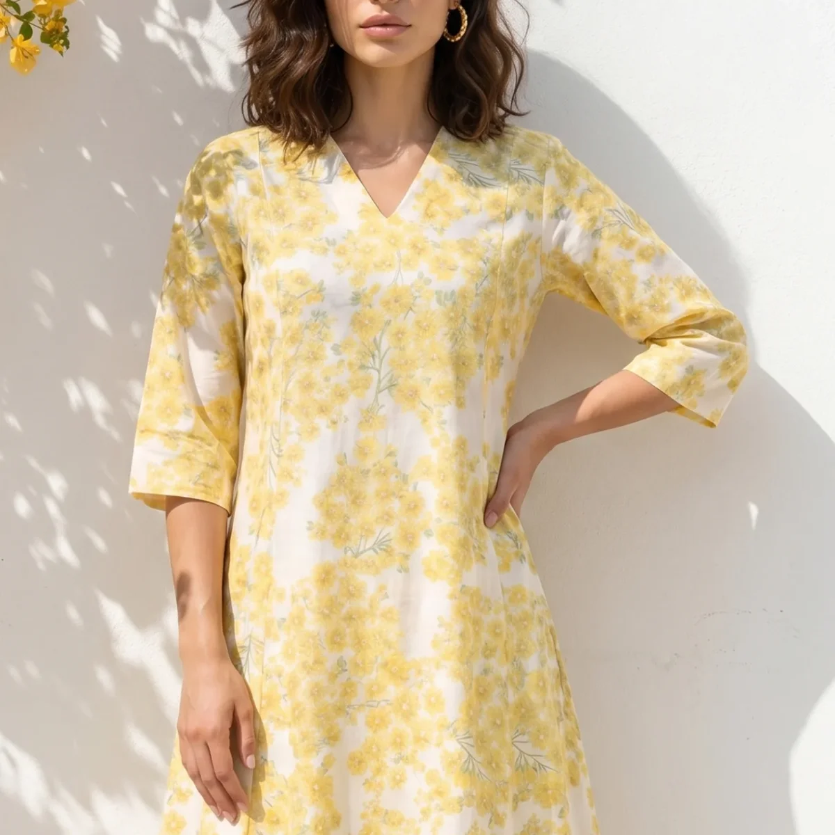 Off-White and Yellow Floral Printed Pure Cotton A-line Kurta with Pants Co-ord Set thumbnail 1