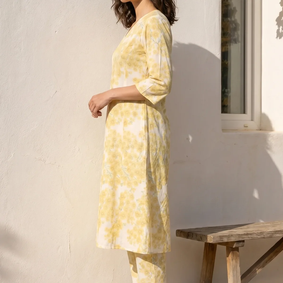 Off-White and Yellow Floral Printed Pure Cotton A-line Kurta with Pants Co-ord Set thumbnail 3