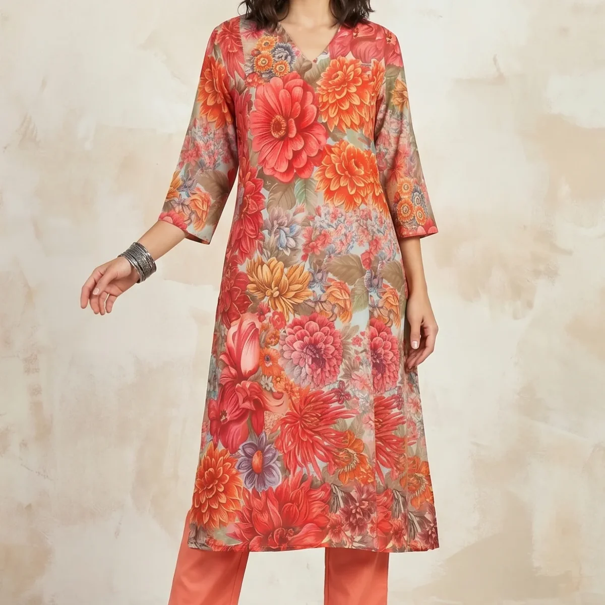 Multi-colour Floral Printed Rayon A-line Kurta with A-line Pants Set
