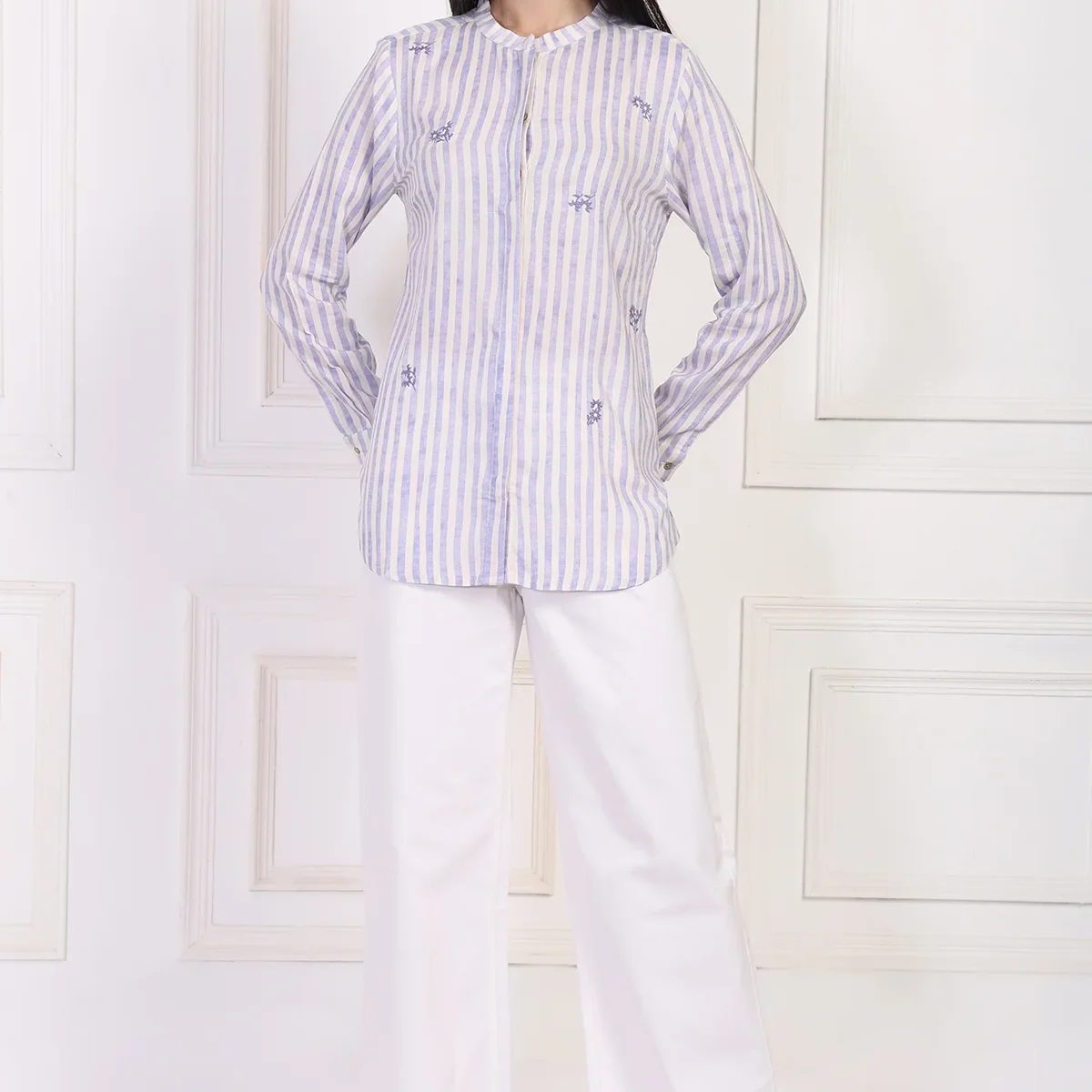 White Striped Printed Thread Embroidered Straight Top thumbnail 1