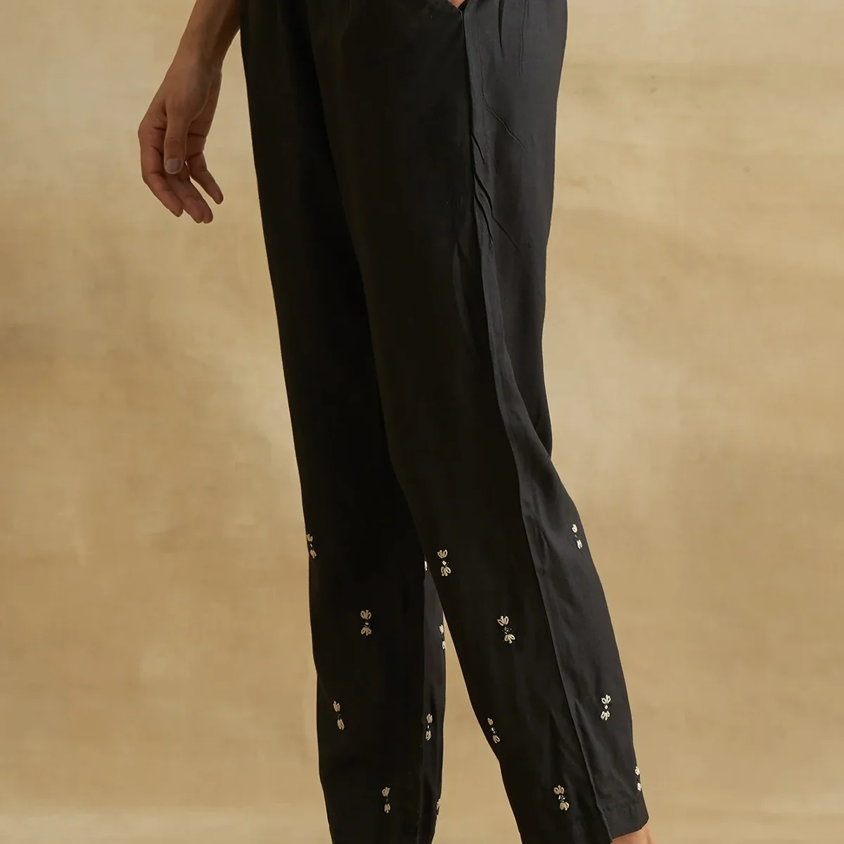 Black Thread Embroidered Silk Tussar Straight Pants thumbnail 2