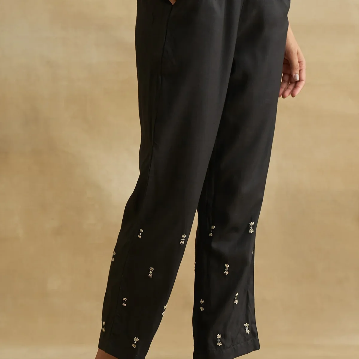 Black Thread Embroidered Silk Tussar Straight Pants thumbnail 3