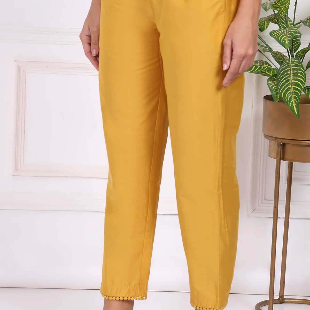 Yellow Solid Ankle Length Straight Pants thumbnail 1