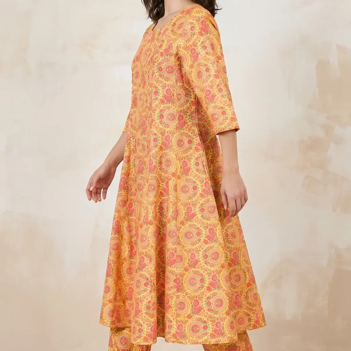 Yellow Floral Printed Rayon Flared Kurta With Pants Co-ord Set thumbnail 3