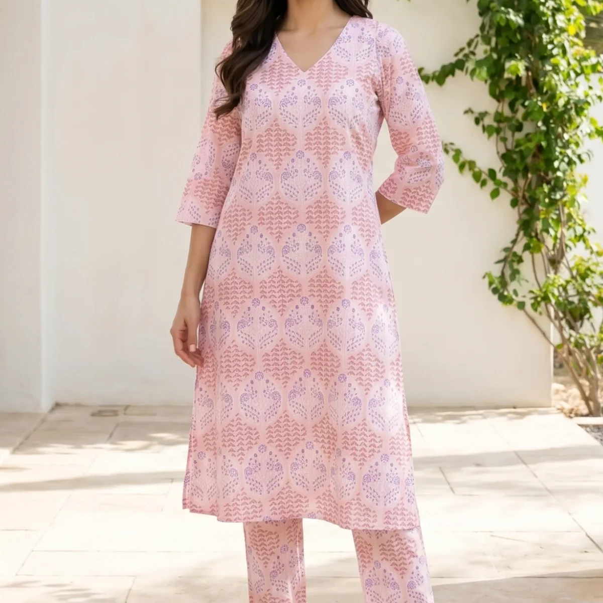 Pink Floral Printed Pure Cotton A-line Kurta with Pants Co-ord Set