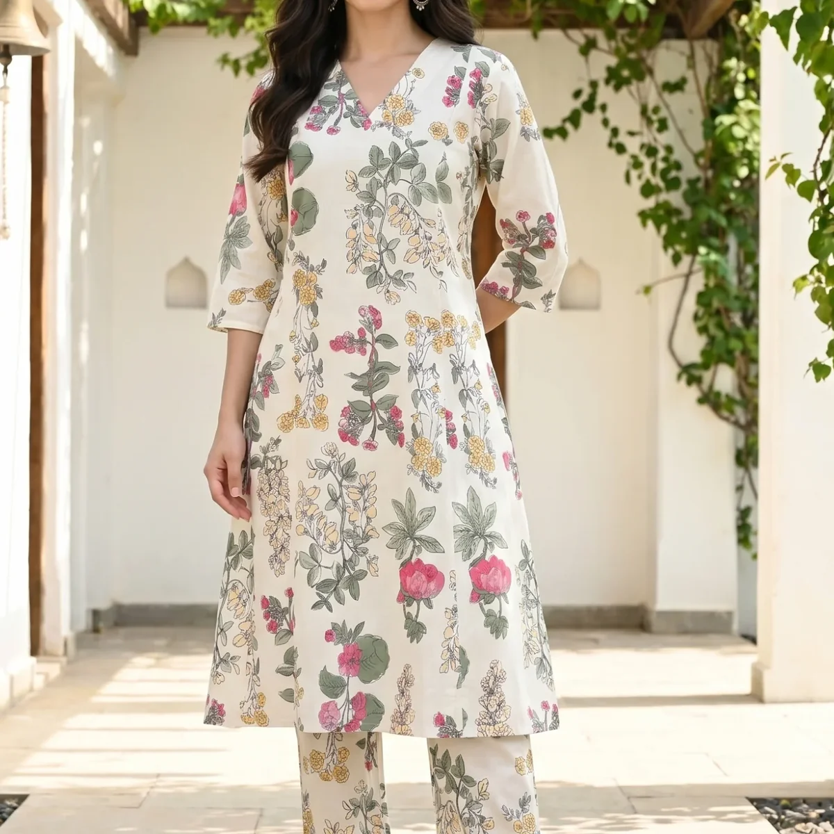 Off White Floral Printed Pure Cotton A-line Kurta with Pants Co-ord Set