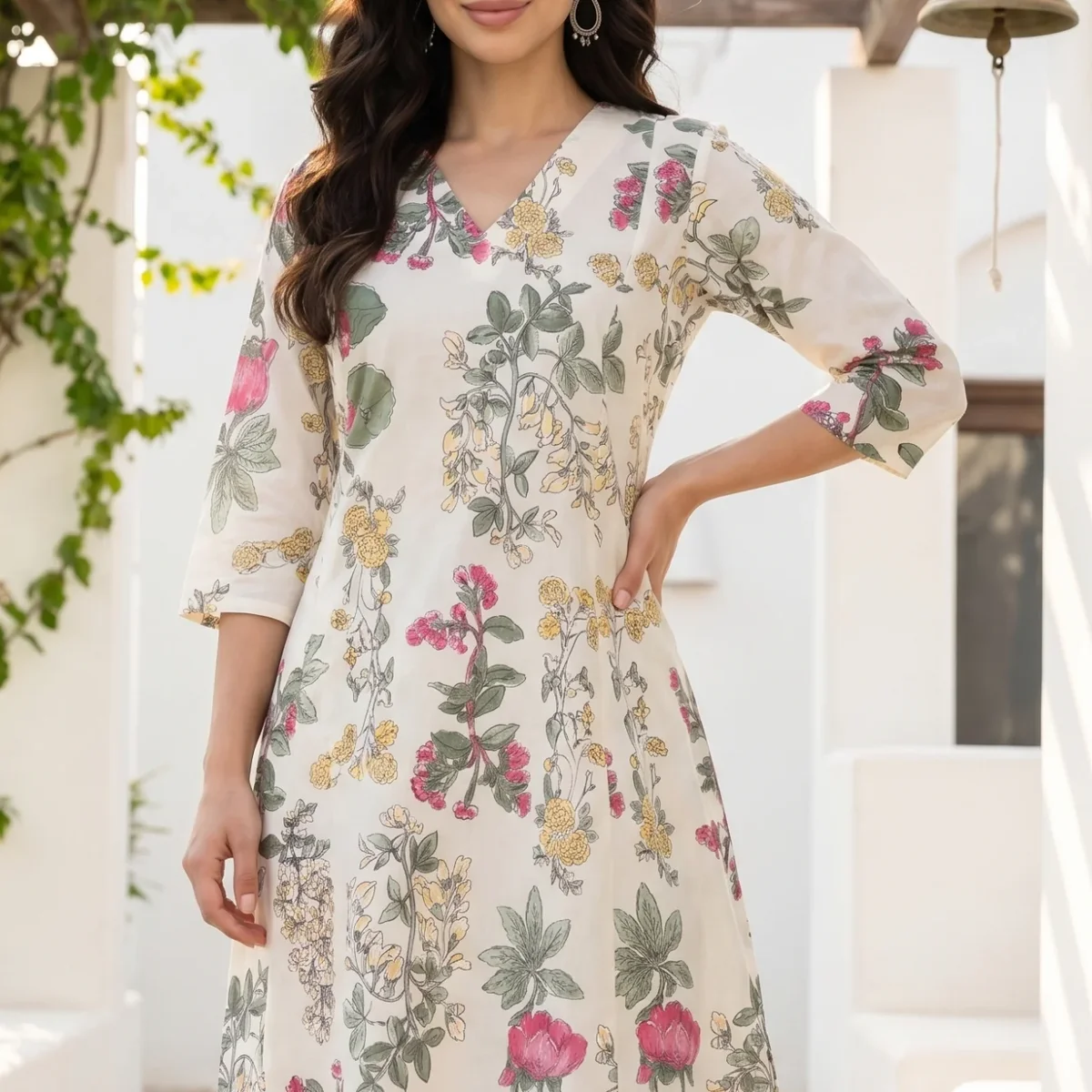 Off White Floral Printed Pure Cotton A-line Kurta with Pants Co-ord Set thumbnail 1