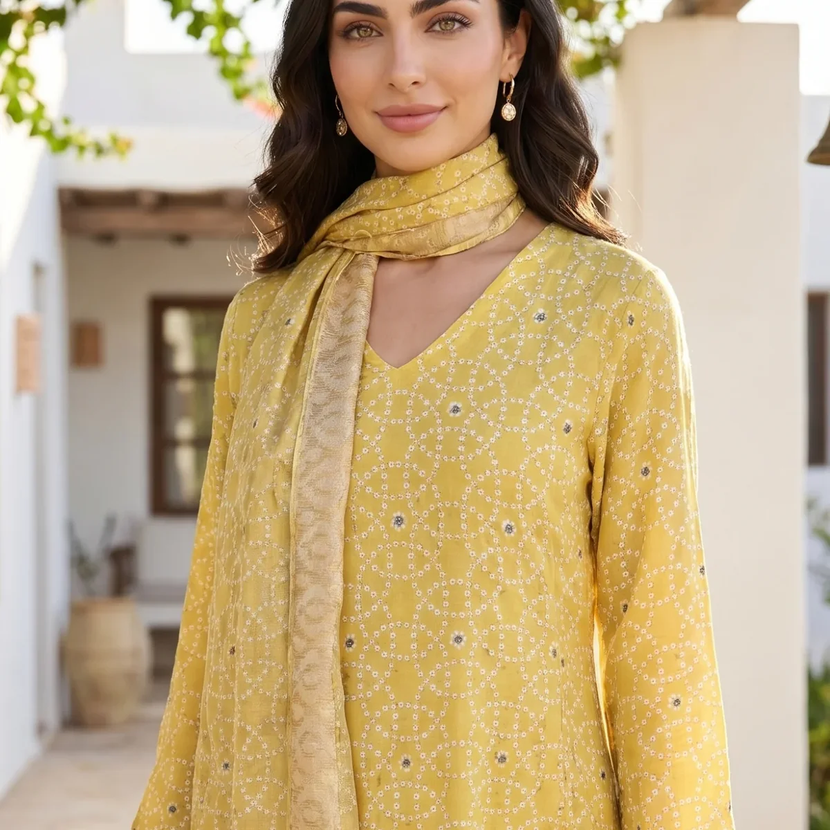 Mustard Geometric Printed Rayon Straight Kurta With Pants and Dupatta Set thumbnail 1