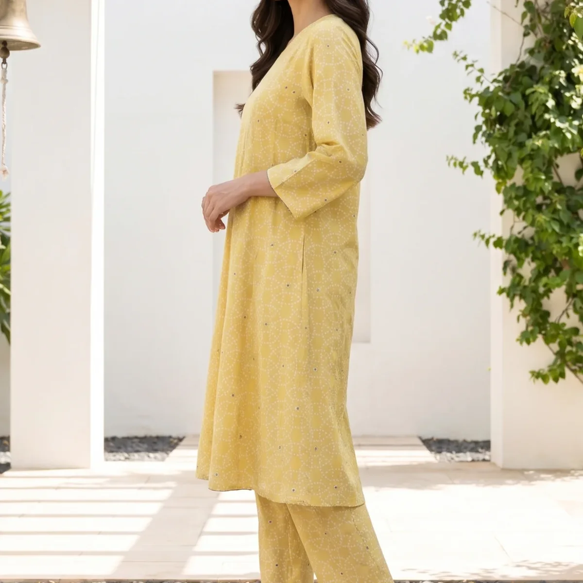 Mustard Geometric Printed Rayon Straight Kurta With Pants and Dupatta Set thumbnail 3