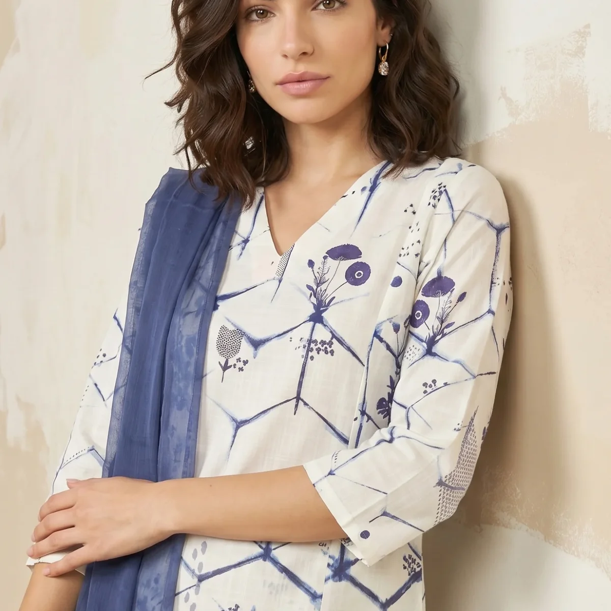 Off White Geometric Printed Pure Cotton Straight Kurta With Pants and Dupatta Set thumbnail 1