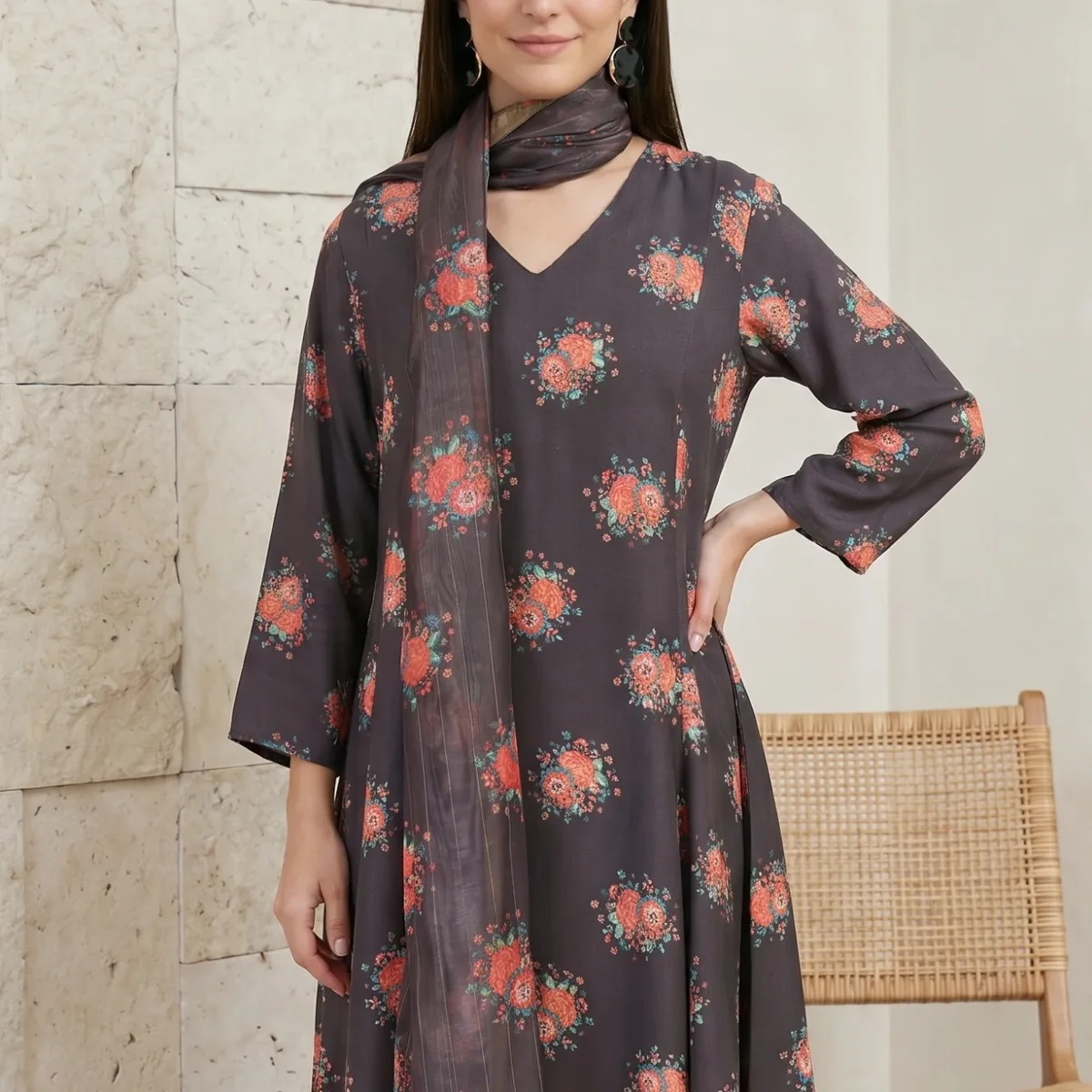 Charcoal Floral Printed Rayon Straight Kurta With Pants and Dupatta Set thumbnail 1