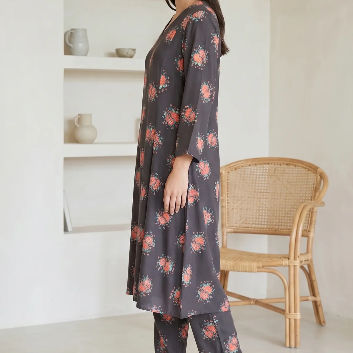 Charcoal Floral Printed Rayon Straight Kurta With Pants and Dupatta Set thumbnail 3
