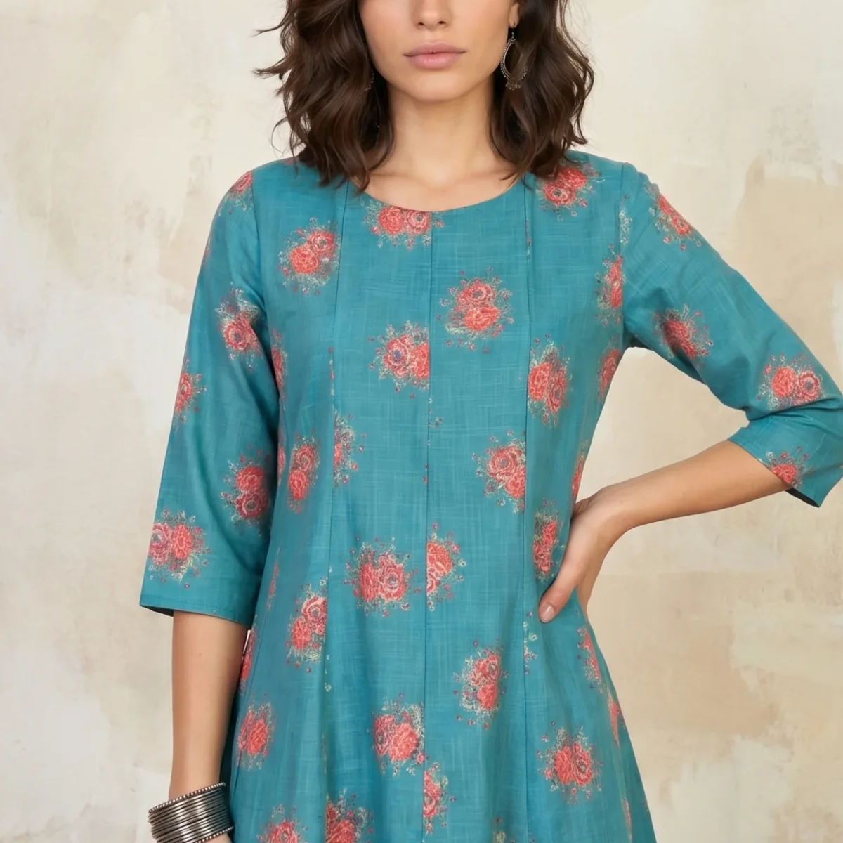 Teal Floral Printed A-line Kurta with Pants Co-ord Set thumbnail 1
