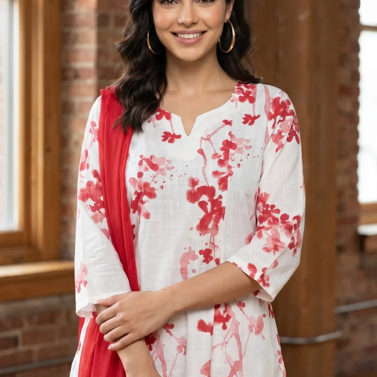 White Floral Printed Pure Cotton Straight Kurta With Pants and Dupatta Set thumbnail 1