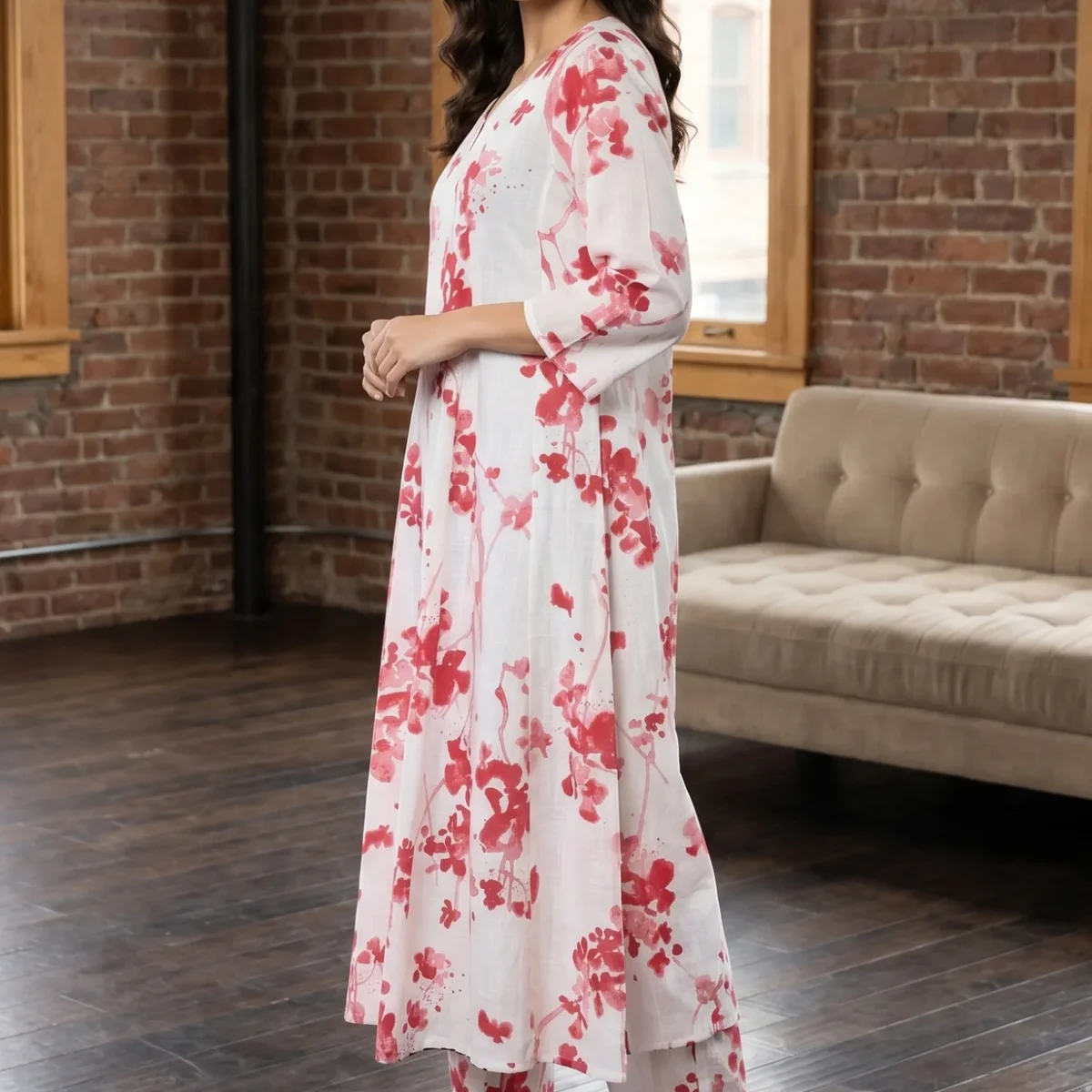 White Floral Printed Pure Cotton Straight Kurta With Pants and Dupatta Set thumbnail 2