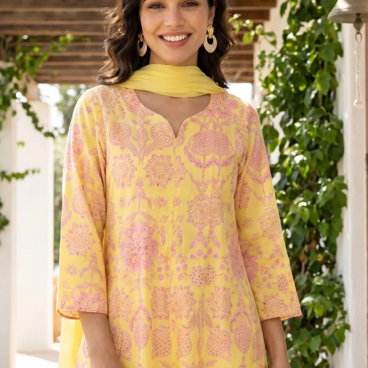 Yellow Floral Printed Pure Cotton Flared Kurta With Pants and Dupatta Set thumbnail 1