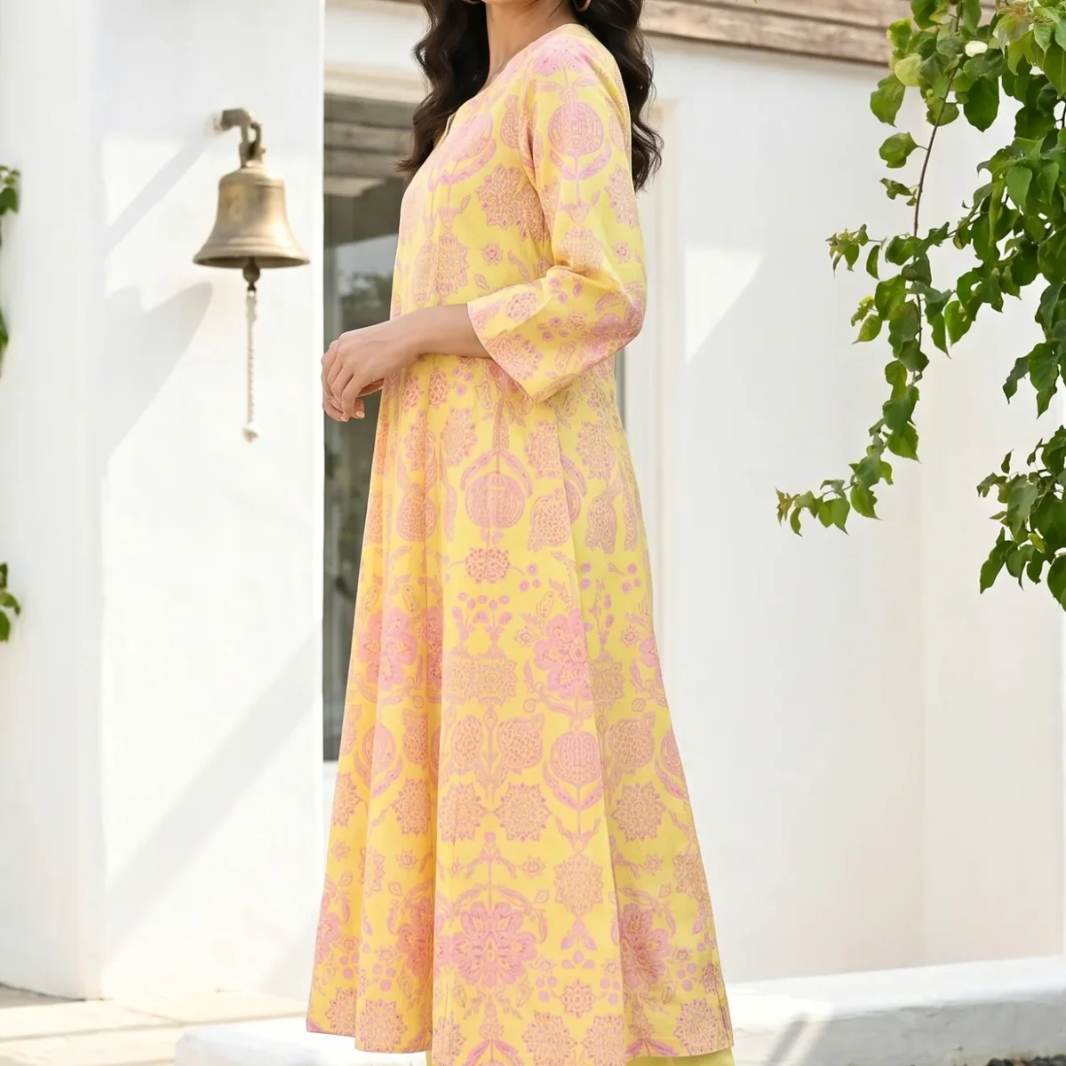 Yellow Floral Printed Pure Cotton Flared Kurta With Pants and Dupatta Set thumbnail 3