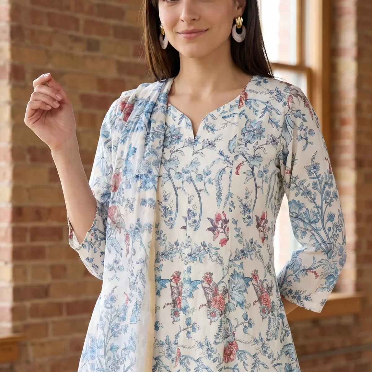 Off White Floral Printed Pure Cotton Straight Kurta With Pants and Dupatta Set thumbnail 1