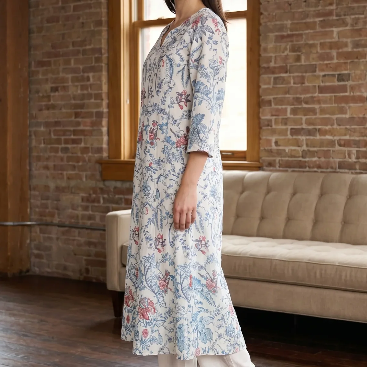 Off White Floral Printed Pure Cotton Straight Kurta With Pants and Dupatta Set thumbnail 3