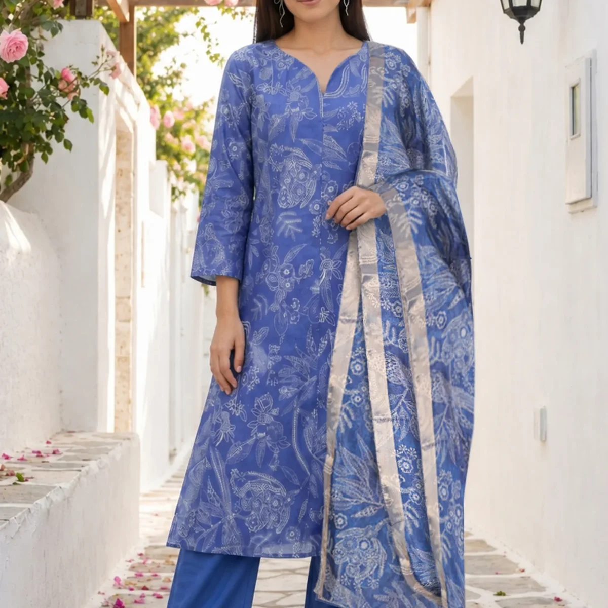 Blue Floral Printed Pure Cotton Straight Kurta With Pants and Dupatta Set