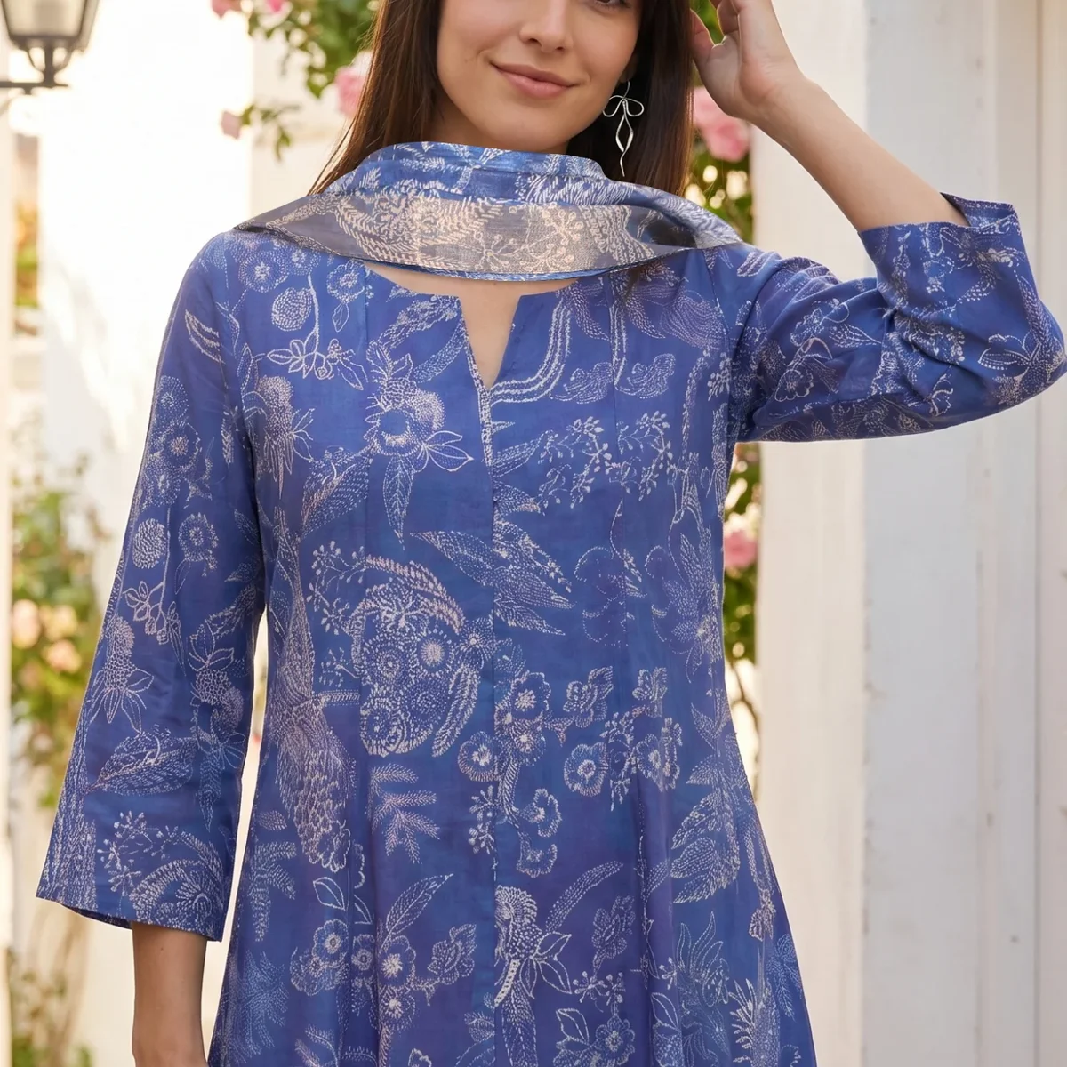 Blue Floral Printed Pure Cotton Straight Kurta With Pants and Dupatta Set thumbnail 1