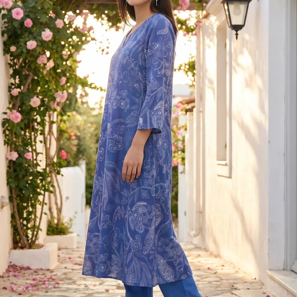 Blue Floral Printed Pure Cotton Straight Kurta With Pants and Dupatta Set thumbnail 3