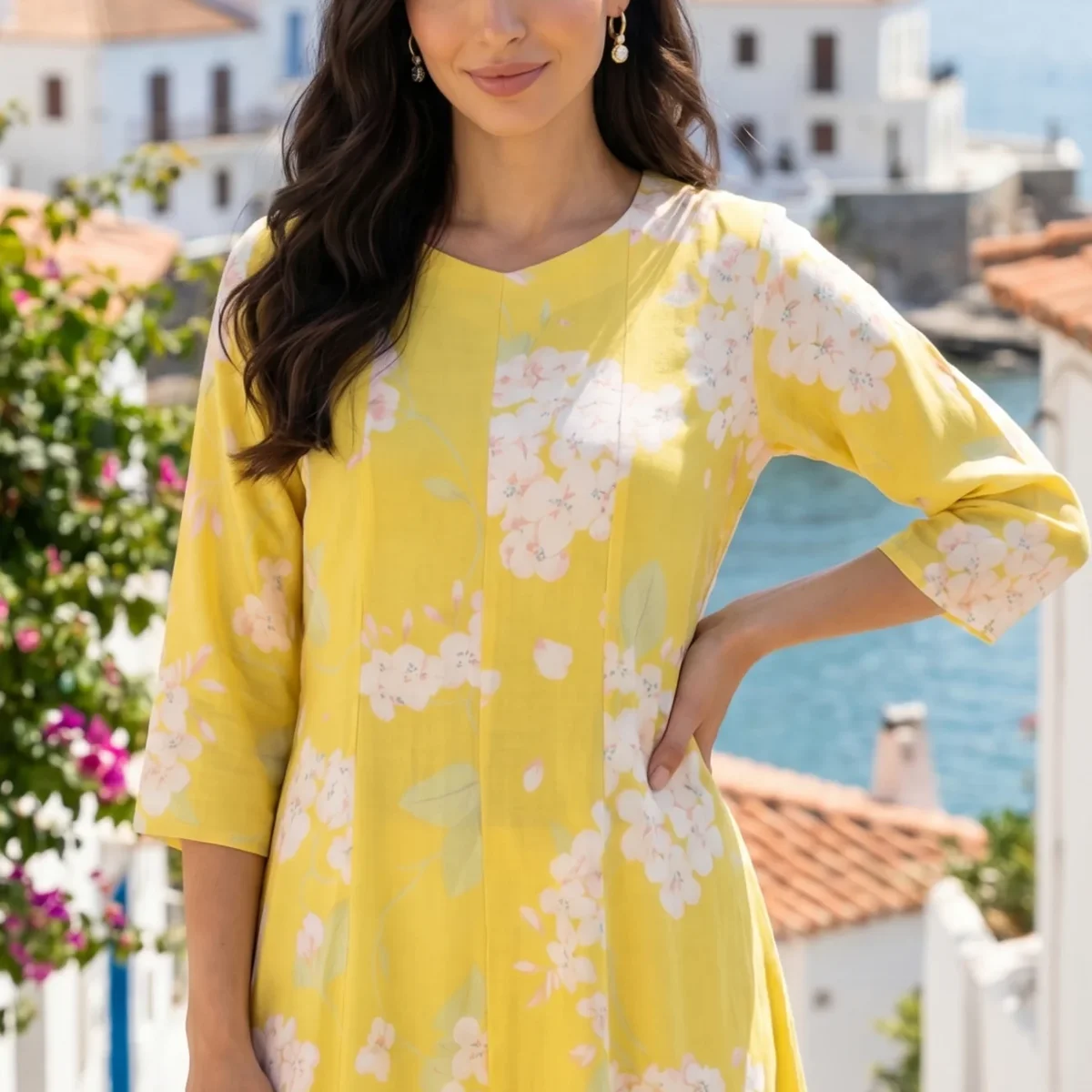 Yellow Floral Printed Flared Kurta with Pants Co-ord Set thumbnail 1