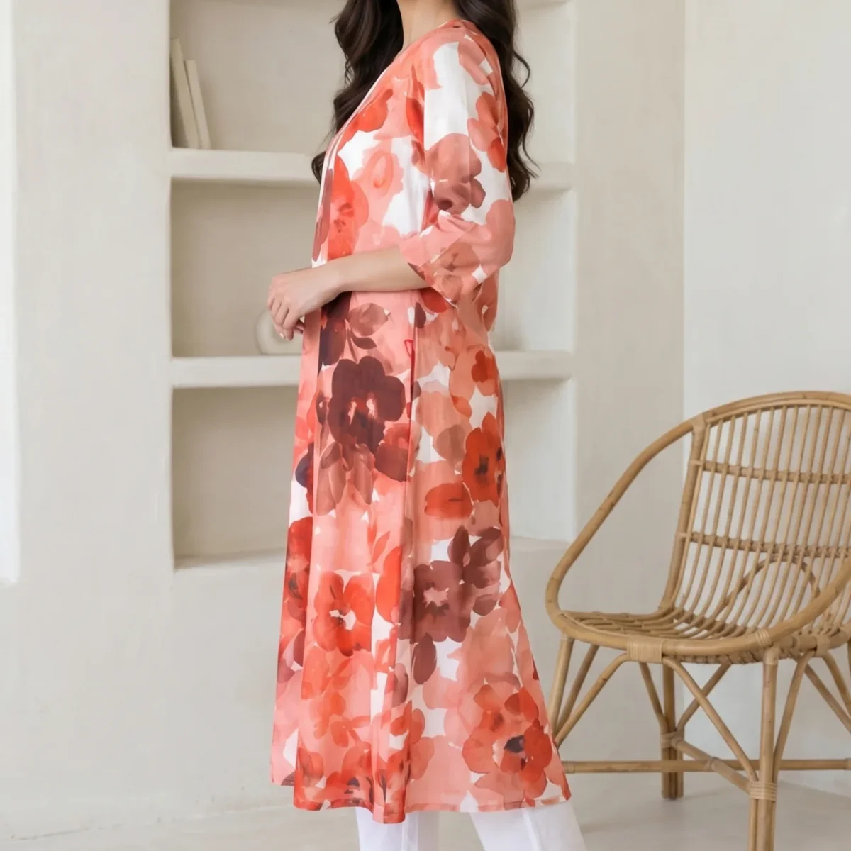 White and Red Floral Printed Pure Cotton Flared Kurta with Pants Set thumbnail 3