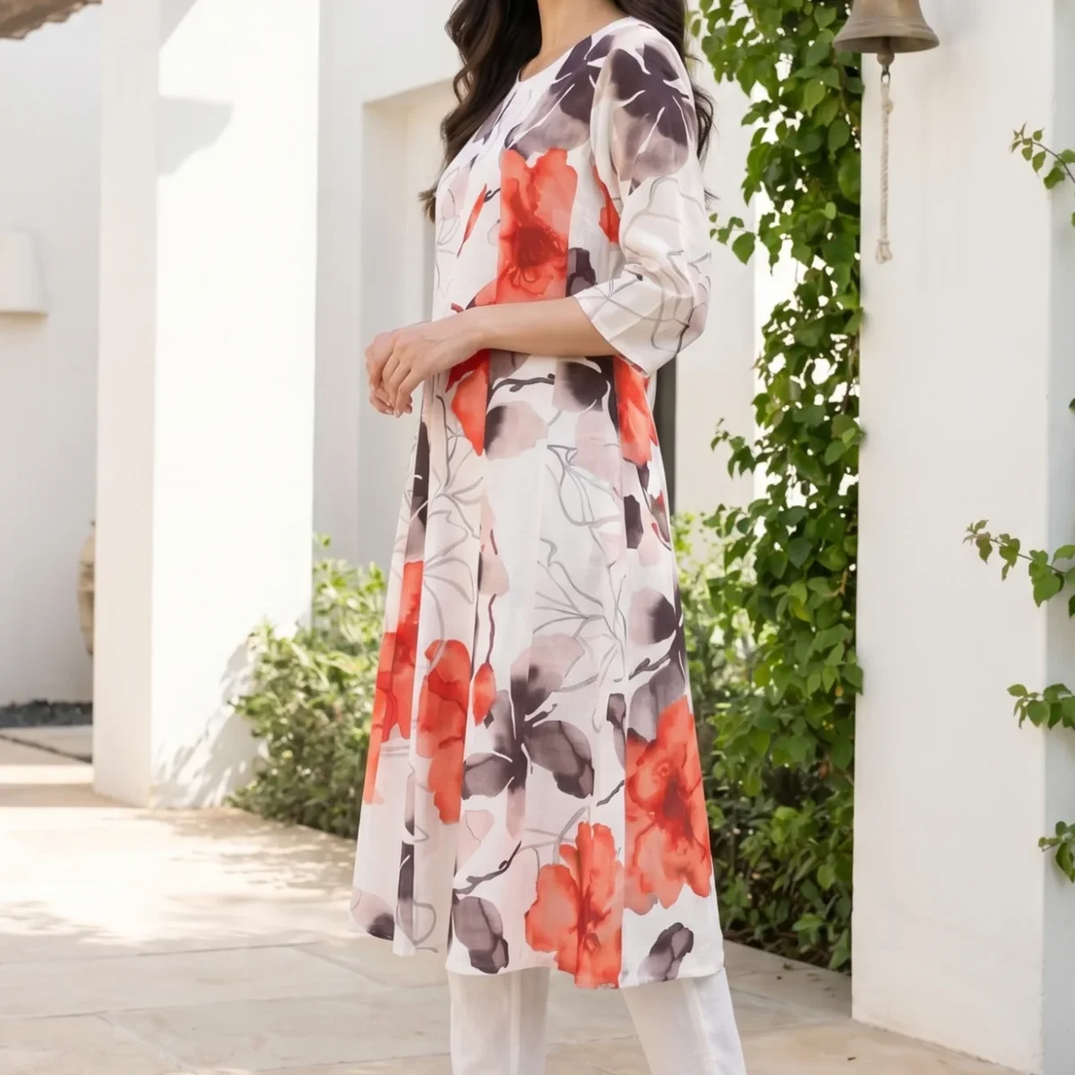Off White Floral Printed Pure Cotton Flared Kurta with Pants Set thumbnail 3