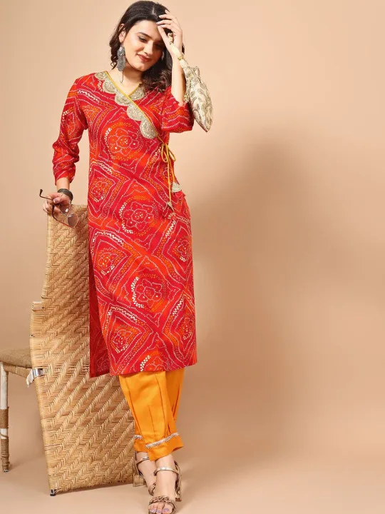 Red Bandhani Printed Angrakha Sequined Straight Kurta