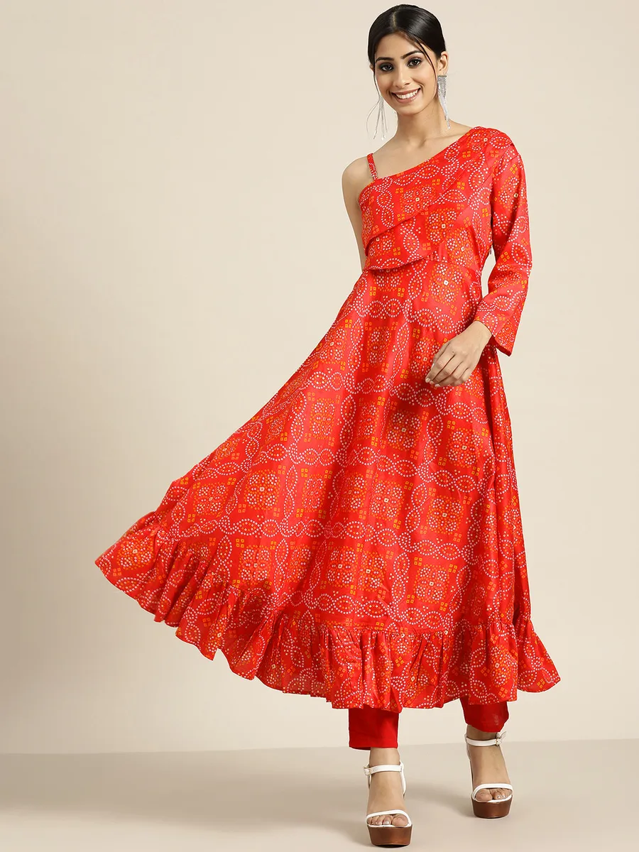Red Bandhani Printed Angrakha Sequined Straight