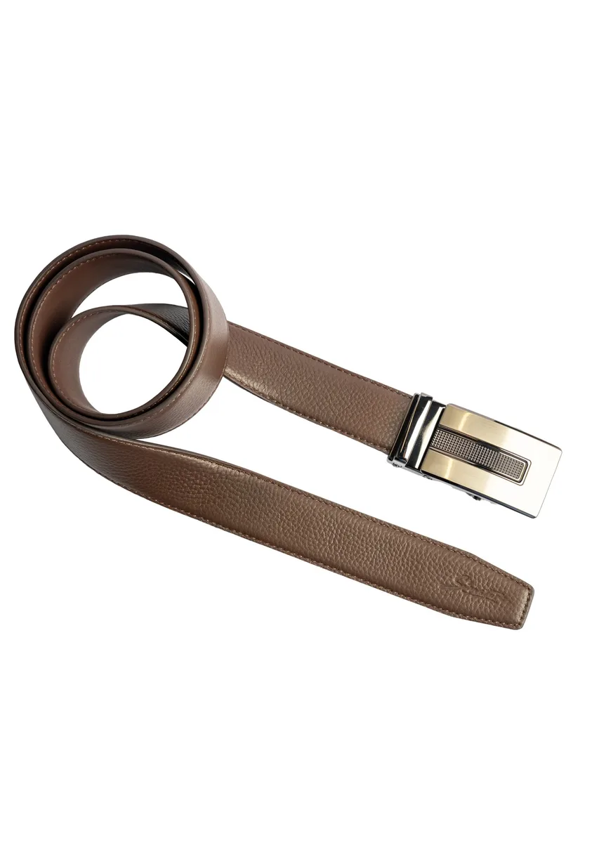 Men Brown Texture Leather Auto-Lock Buckle Belt