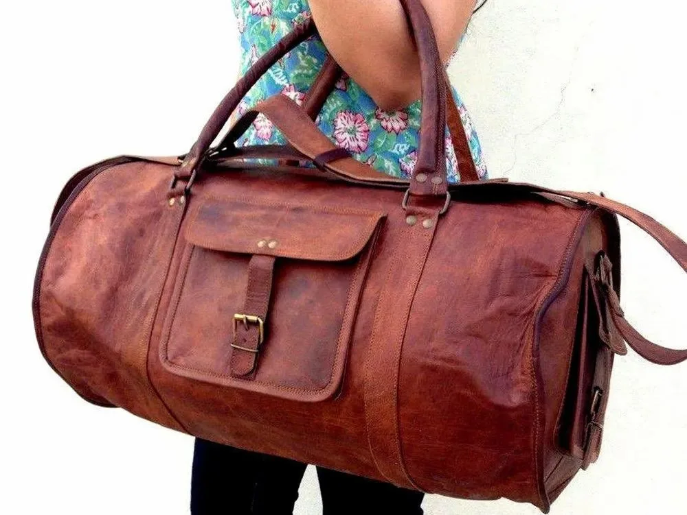 Vintage Leather Barrel Duffel Gym Bag
