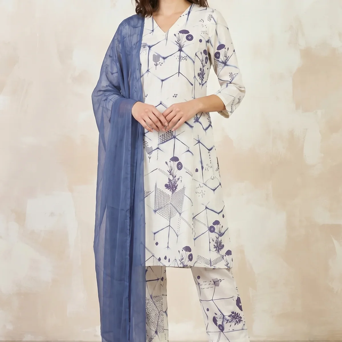 Off White Geometric Printed Pure Cotton Straight Kurta With Pants and Dupatta Set