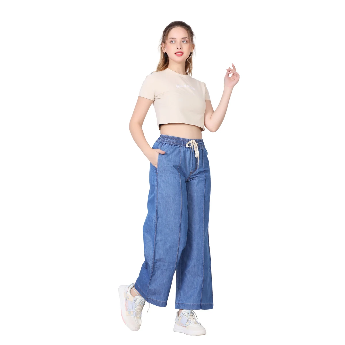 Premium Denim Wide Leg Pants - Deep Blue